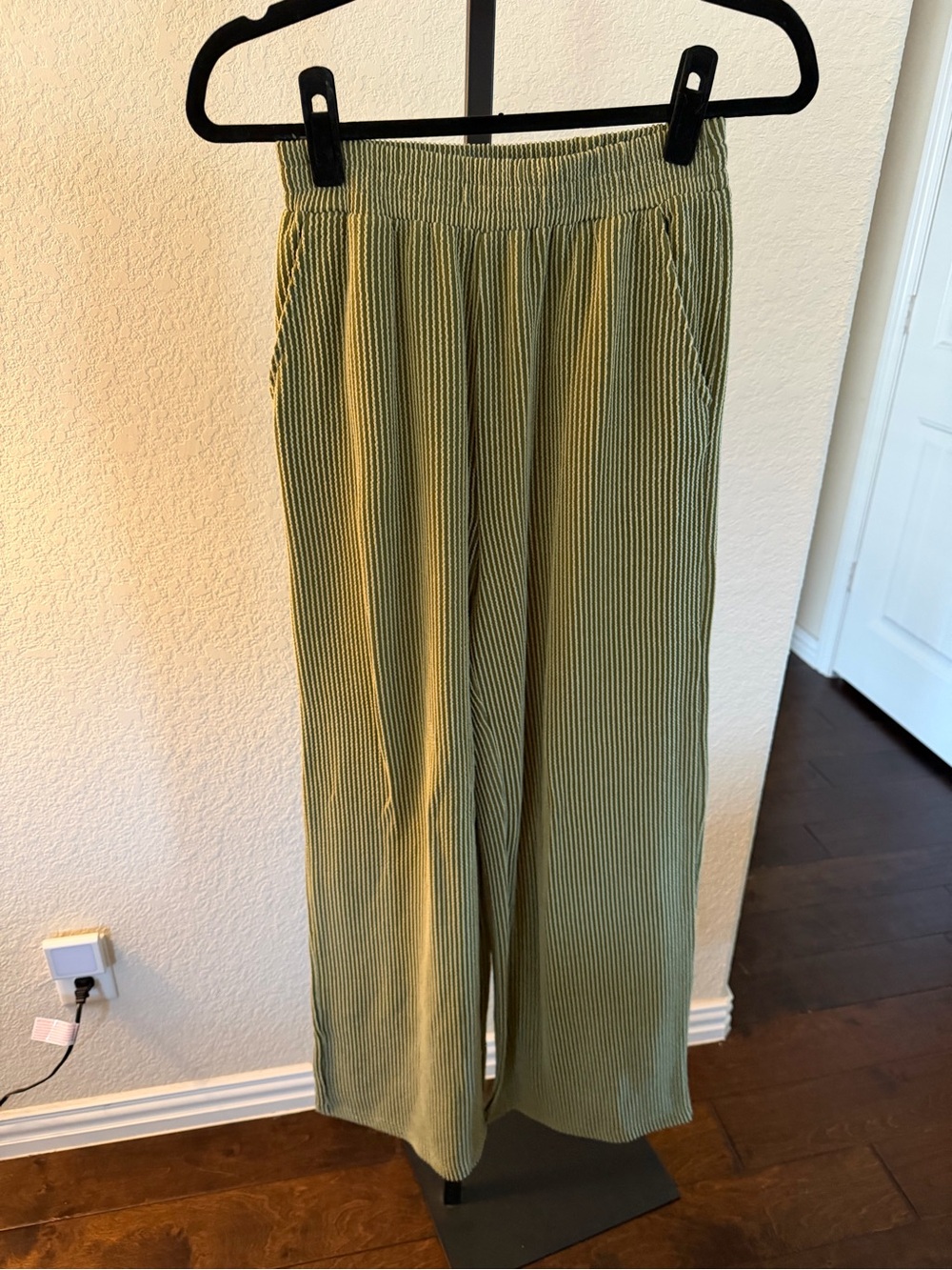 Amazon Olive Ribbed Wide-Leg Pull-On Trousers